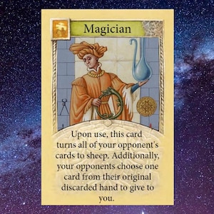 Könnte beinhalten: Spielkarte mit dem Titel „Magier“. Das Bild zeigt eine Person in orangefarbenen Gewändern, die einen blauen Krug und einen grünen Ouroboros hält. Der Text der Karte erklärt ihren Effekt: verwandelt gegnerische Karten in Schafe.