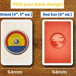 May include: Two rectangular playing cards measuring 80mm by 54mm. The left card features a shield design with yellow, red, and blue colors labeled Shield (4th, 5th ed.). The right card has a red sun graphic labeled Red Sun (6th ed.).
