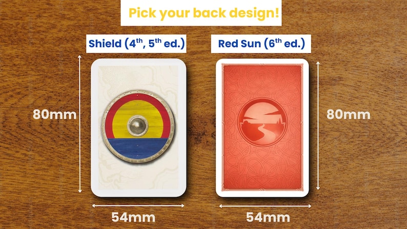 May include: Two rectangular playing cards measuring 80mm by 54mm. The left card features a shield design with yellow, red, and blue colors labeled Shield (4th, 5th ed.). The right card has a red sun graphic labeled Red Sun (6th ed.).