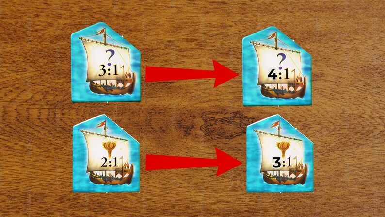K&ouml;nnte beinhalten: Vier f&uuml;nfeckige Spielpl&auml;ttchen mit Abbildungen von Holzschiffen mit Segeln. Zwei Pl&auml;ttchen zeigen ein Fragezeichen mit 3:1 und 4:1 Verh&auml;ltnissen, w&auml;hrend zwei ein goldenes Symbol mit 2:1 und 3:1 Verh&auml;ltnissen zeigen. Zwei leuchtend rote Pfeile zeigen nach rechts.