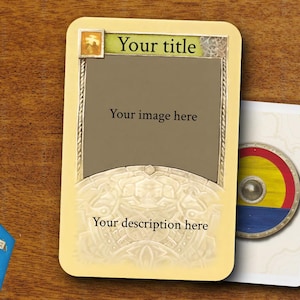 May include: A board game card with space for a title, image, and description, alongside a card with a shield design, blue game pieces, and dice on a wooden surface. A game board is visible in the corner.