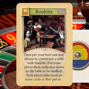 May include: A card game featuring a roulette theme. The card shows a historical illustration of people gathered around a table. The card is labeled "Roulette" and includes game instructions. A roulette wheel and a trophy are in the background.