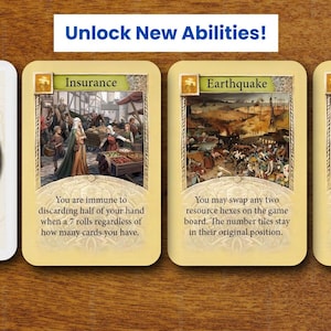 May include: A set of four game cards with a banner reading Unlock New Abilities! The first card shows a round shield with red, yellow, and blue bands. The other three cards are titled Insurance, Earthquake, and Neighbours, each with text.