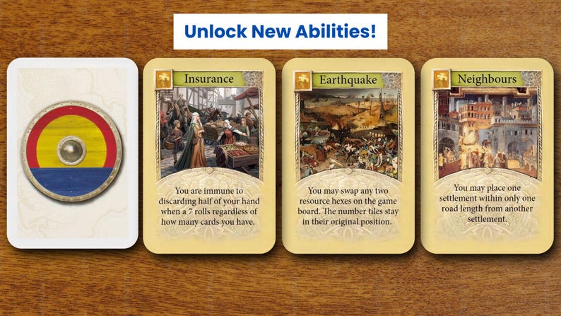 May include: A set of four game cards with a banner reading Unlock New Abilities! The first card shows a round shield with red, yellow, and blue bands. The other three cards are titled Insurance, Earthquake, and Neighbours, each with text.