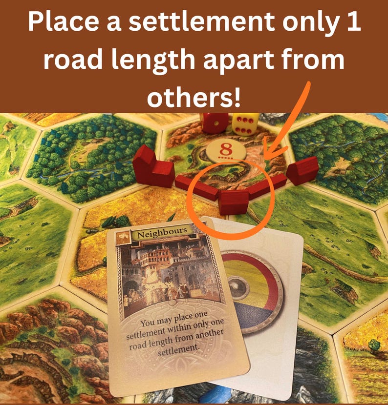 May include: A board game setup featuring hexagonal terrain tiles, red wooden settlement pieces, and a game card labeled Neighbours. The text reads: Place a settlement only 1 road length apart from others! and You may place one settlement within only one road length from another settlement.