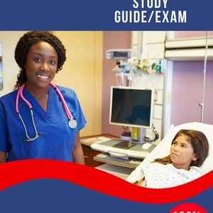 May include: A blue and pink Patient Care Technician Study Guide and Exam with a 100% Pass Rate. The image shows a female healthcare worker in a blue uniform with a pink stethoscope and a young patient in a hospital bed.