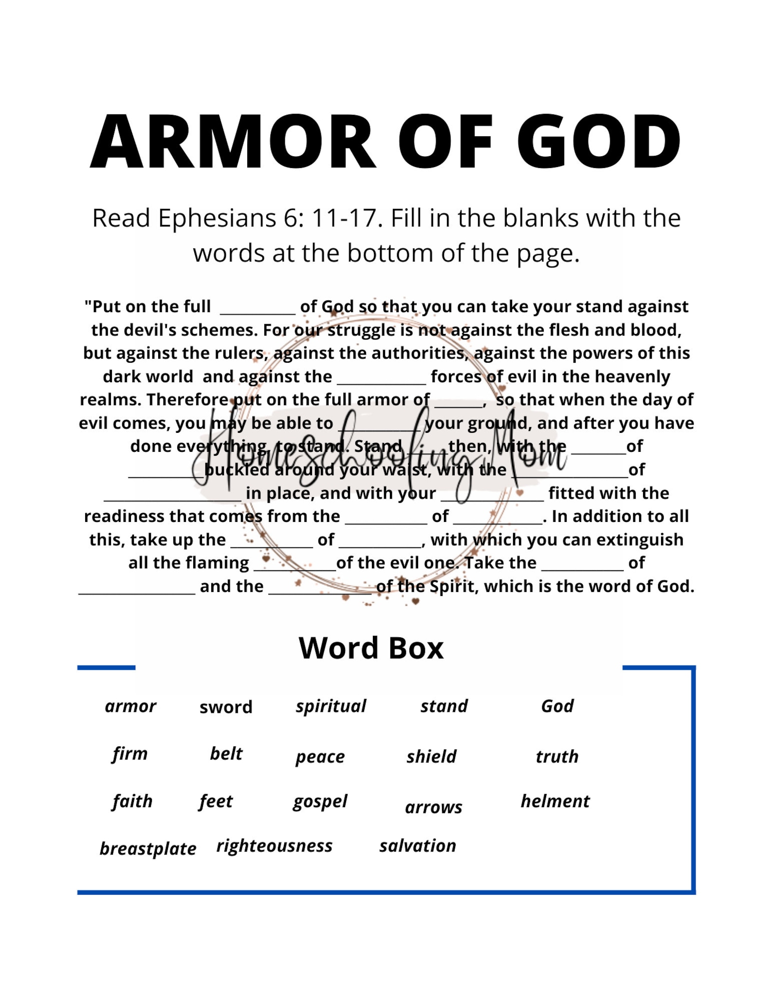 Armor of God Worksheet With Answer Key Etsy