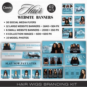 May include: A digital marketing kit for hair wigs, featuring website banners, social media flyers, and model photos. The design includes a light blue and white color scheme with images of wigs and hair extensions. The kit includes 62 pieces.