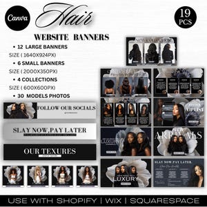 Könnte beinhalten: Eine Canva-Vorlage für Haar-Website-Banner. Das Design umfasst 12 große Banner, 6 kleine Banner, 4 Sammlungen und 30 Model-Fotos. Der Text enthält "Neue Kollektion", "Unser Bestseller", "Folgen Sie unseren sozialen Netzwerken", "Slay Now, Pay Later".
