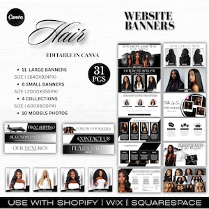 Könnte beinhalten: Eine Sammlung von Website-Bannern für Haarprodukte, die verschiedene Bannergrößen, Kollektionen und Model-Fotos enthält. Das Design umfasst Schwarz-Weiß-Elemente mit Texten wie "Hair", "Website Banners" und "Editable in Canva". Der Text "Free Shipping" ist ebenfalls enthalten.