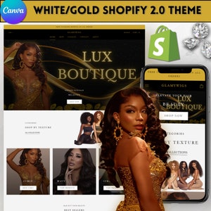 ラグジュアリーなホワイト＆ゴールドのShopify 2.0テーマ：ウィッグウェブサイト（デジタルダウンロード）