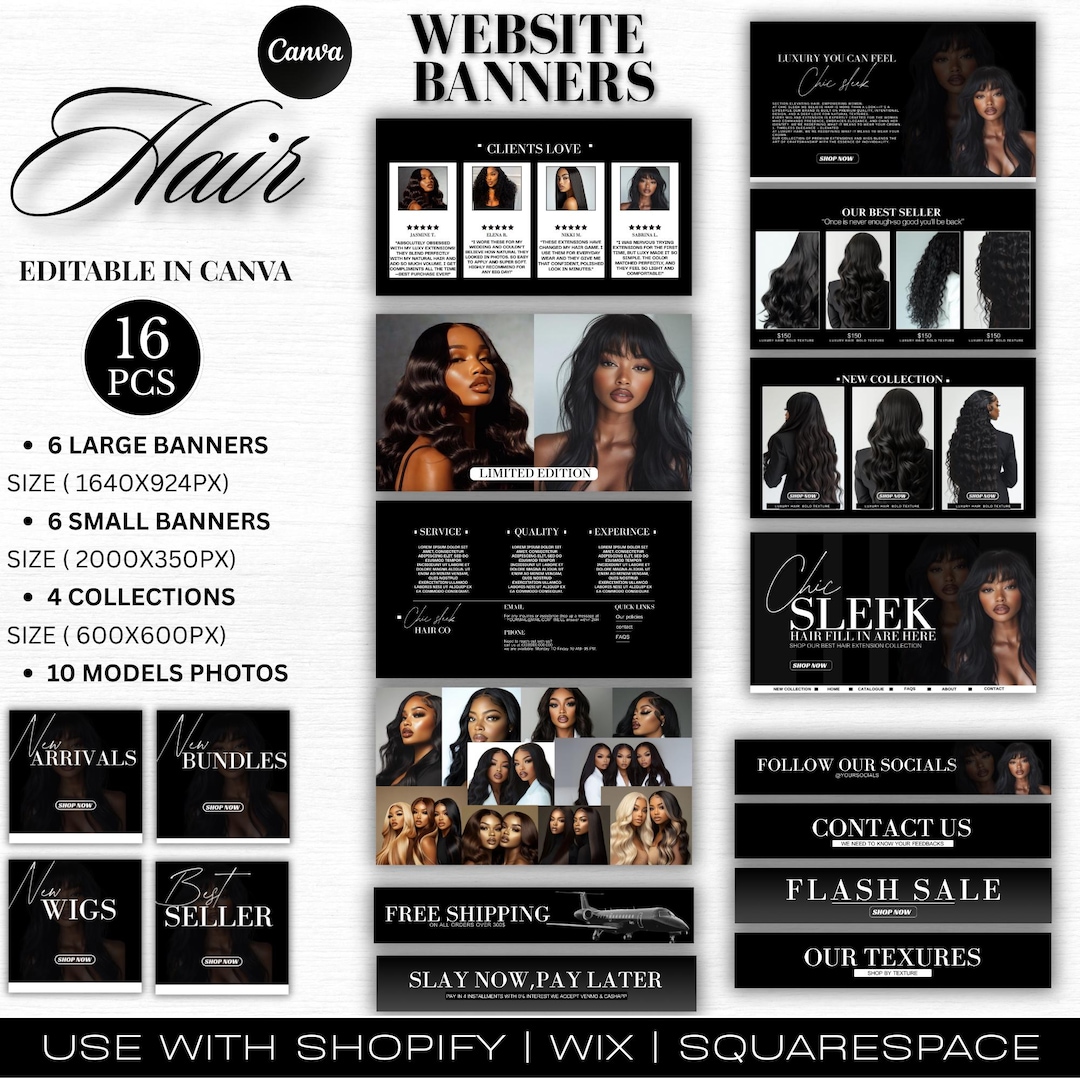 Hair Website Banner Templates Bundle: DIY Wig & Extension Branding Kit ...
