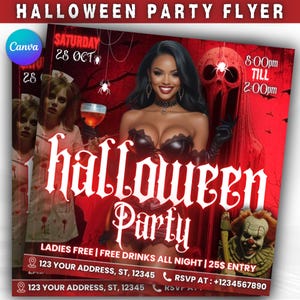 Halloween Social Media Party Ankündigung: Bearbeitbare Gruselige Halloween Party Flyer Vorlage (canva Editierbar)