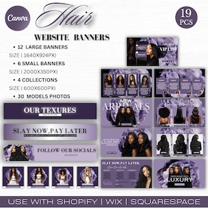 May include: A digital marketing package for hair extensions, featuring website banners, collections, and model photos. The design is in shades of purple and white, with text including "Hair," "New Arrivals," and "Luxury Experience."