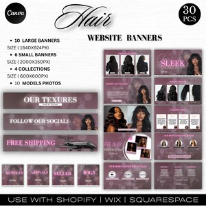 May include: A website banner template set for hair products, featuring a dark pink and white color scheme. The design includes various banner sizes, model photos, and text such as "Our Textures" and "Free Shipping". The Canva logo is in the top left.