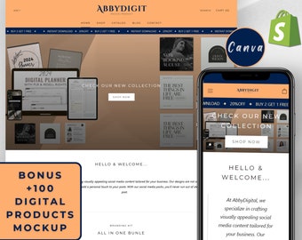 May include: A mockup of a Shopify 2.0 theme for digital products. The theme features a clean and modern design with a focus on showcasing digital products. The theme includes a header with a logo, navigation menu, and search bar. The main content area features a large image of a digital planner, along with a call to action to shop now. The theme also includes a footer with social media links and copyright information.