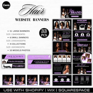 Purple Wig Boutique Banner Templates | Wig & Hair web banner Design | Hair Business Website Banners bundle | Wix and Shopify Design Kit