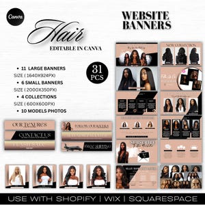 Könnte beinhalten: Werbebild für Website-Banner, das eine Sammlung von 31 bearbeitbaren Vorlagen für Friseursalons zeigt. Das Design umfasst verschiedene Bannergrößen, Sammlungen und Model-Fotos, mit einem Farbschema aus Schwarz, Weiß und Roségold.