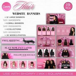 Puede incluir: Un conjunto de plantillas Canva rosas para sitios web de cabello, con banners, colecciones y fotos de modelos. Incluye texto que dice "Website Banners", "Free Shipping" y "Slay Now, Pay Later". El conjunto incluye 19 piezas.