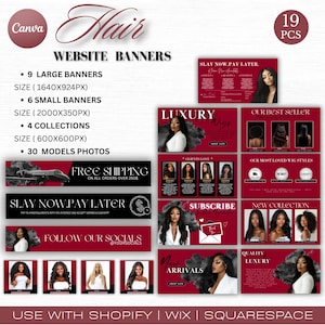 May include: A collection of website banners for hair products, featuring a dark red and white color scheme. The design includes various banner sizes, model photos, and promotional elements like "Free Shipping" and "New Arrivals."