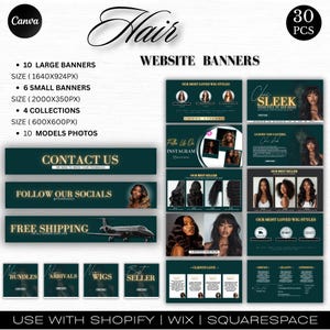 Könnte beinhalten: Eine Sammlung von Website-Bannern für Haarprodukte, mit einem dunkelgrünen und goldenen Farbschema. Das Design umfasst verschiedene Bannergrößen, Sammlungen und Model-Fotos. Der Text enthält "Hair", "Website Banners" und "Contact Us".