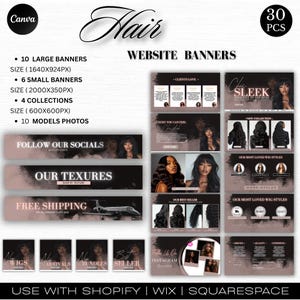 Könnte beinhalten: Ein digitales Design-Set für Website-Banner mit einer Vielzahl von Layouts und Werbegrafiken. Das Design umfasst Banner für soziale Medien, Sammlungen und Modelle mit Texten wie "Hair", "Website Banners" und "Free Shipping".