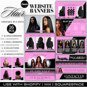 Canva Website Banner Vorlage | Perücke & Haarverlängerung Business | Bearbeitbare Shopify Wix Headers + Sliders, Sofortiger Download WBCT1