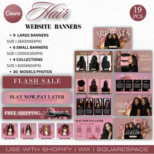 May include: A promotional graphic for hair products, featuring website banners. The design includes text such as "New Arrivals," "Flash Sale," and "Luxury." The image showcases various hair styles and models, with a color scheme of pink, brown, and white.