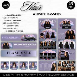 Könnte beinhalten: Eine Sammlung von Website-Bannern für Haarprodukte, die verschiedene Designs mit Bildern von Haarverlängerungen und Models zeigen. Die Banner enthalten Texte wie "Neu eingetroffen", "Luxus" und "Flash Sale". Das Design ist überwiegend lila und weiß.