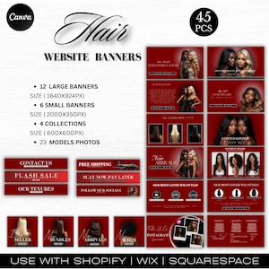 Red Hair Website Banners Kit | Editable Shopify, Wix Banner Template | Wig Shop Web Slider Design | Hair styling Business Branding templates