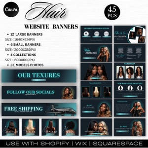 Könnte beinhalten: Eine Werbegrafik für Haarprodukte mit Website-Bannern mit Text wie "Unsere Texturen" und "Kostenloser Versand". Das Design enthält Bilder von Haarmodellen und Text wie "Neue Artikel" und "Bundles".