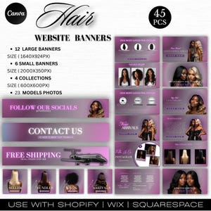 Könnte beinhalten: Eine Werbegrafik für Haarprodukte mit Website-Bannern in Lila- und Rosatönen. Das Design enthält Texte wie "Hair", "Website Banners" und "New Arrivals". Das Bild zeigt auch verschiedene Perückenstile und Modelle.