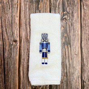 Chinoiserie Christmas Nutcracker Embroidered Bath hand towel, Blue and White Christmas, Guest Bathroom Towel, Embroidered, Nutcracker Towel