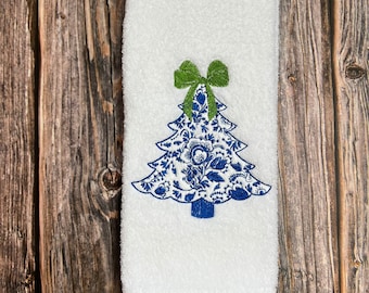 Chinoiserie Christmas #1 Tree Embroidered Bath hand towel, Blue and White Christmas, Guest Bathroom Towel, Embroidered, customize