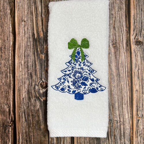 Chinoiserie Christmas #1 Tree Embroidered Bath hand towel, Blue and White Christmas, Guest Bathroom Towel, Embroidered, customize
