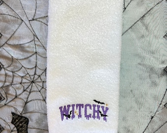 Halloween Hand Towel, Witchy Hand Towel, Witch Inspired Decor, embroidered Halloween Towel, Halloween bathroom Decor, Witch bathroom Decor