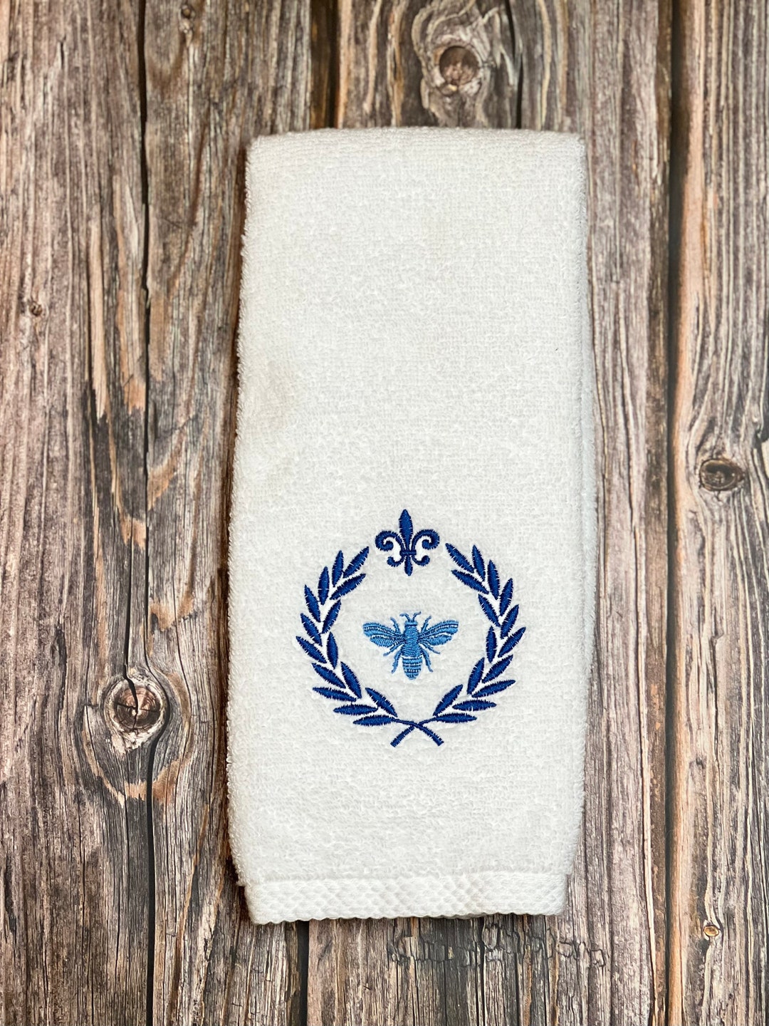 Bath Hand Towel, Blue French, Guest Bathroom Towel, Embroidered, Bee ...