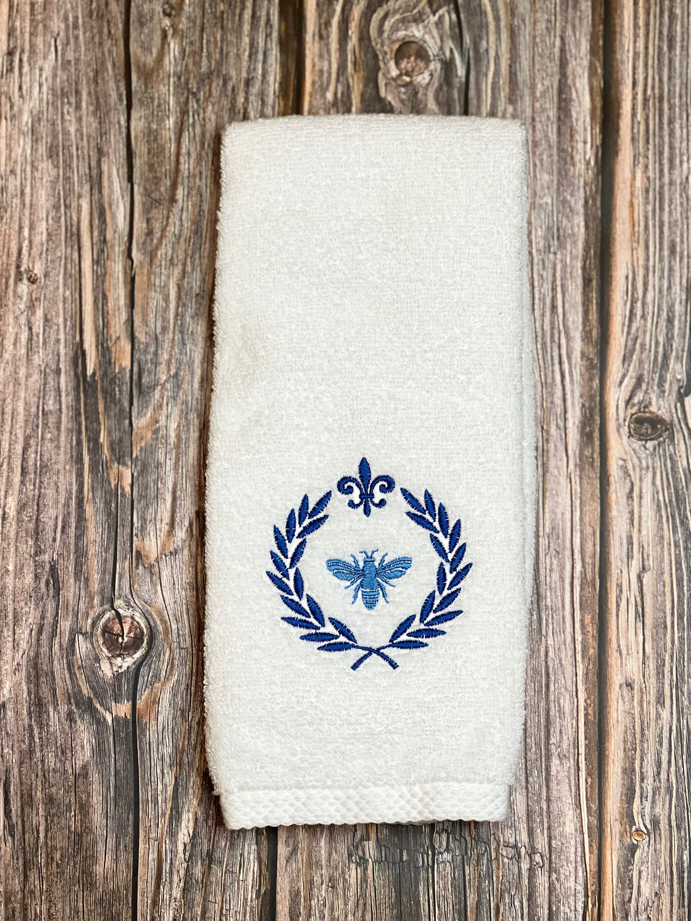 Bath Hand Towel, Blue French, Guest Bathroom Towel, Embroidered, Bee ...
