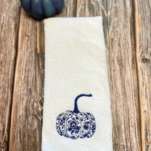 Chinoiserie Pumpkin #1  Embroidered Bath hand towel, Blue and White fall decor, Guest Bathroom towel, Embroidered, Chinoiserie fall, Fall