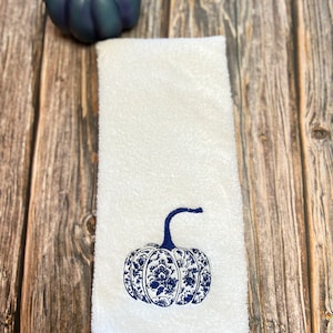 Chinoiserie Pumpkin #1  Embroidered Bath hand towel, Blue and White fall decor, Guest Bathroom towel, Embroidered, Chinoiserie fall, Fall