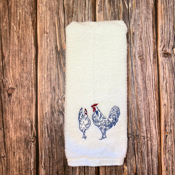 Essuie-mains printanier, essuie-mains de bain brodé de poulet, bleu ferme, serviette de bain pour invités, brodé, serviette de ferme, essuie-tout bleu poulet