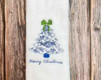 Chinoiserie Christmas #2 Tree Embroidered Bath hand towel, Blue and White Christmas, Guest Bathroom Towel, Embroidered, customize