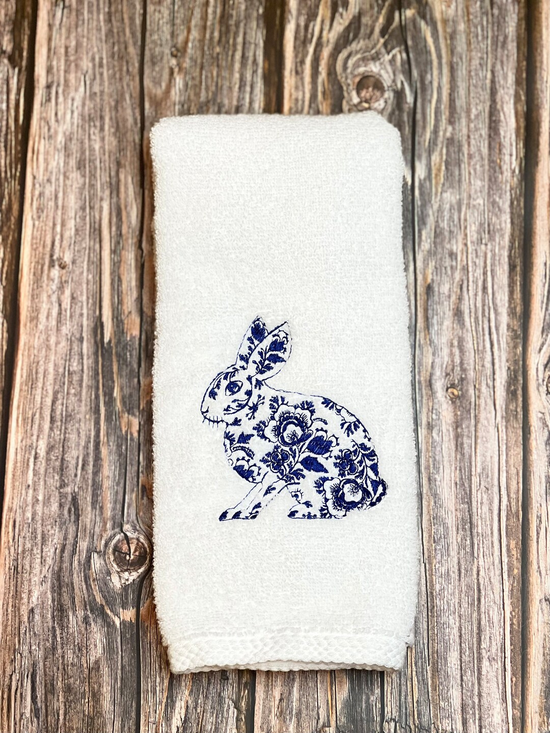 Easter Hand Towel, Chinoiserie Bunny, Embroidered Hand Towel, Blue and