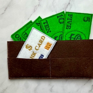 Filz Spielzeug Geld Brieftasche Spielset Stickdateien, Stickmuster, Filz Spielzeug Geld, Filz Dollar, Filz Kreditkarte, Filz Spielzeug
