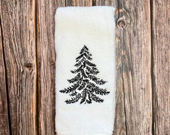 Winter Christmas Tree Embroidered Bath hand towel #3, Winter Hoilday tree hand Towel, Bathroom Towel, Embroidered, black and white Christmas