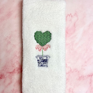 Chinoiserie design, Topiary,  Embroidered Bath hand towel, Blue and White topiary, Guest Bathroom Towel, Embroidered, Valentines Day