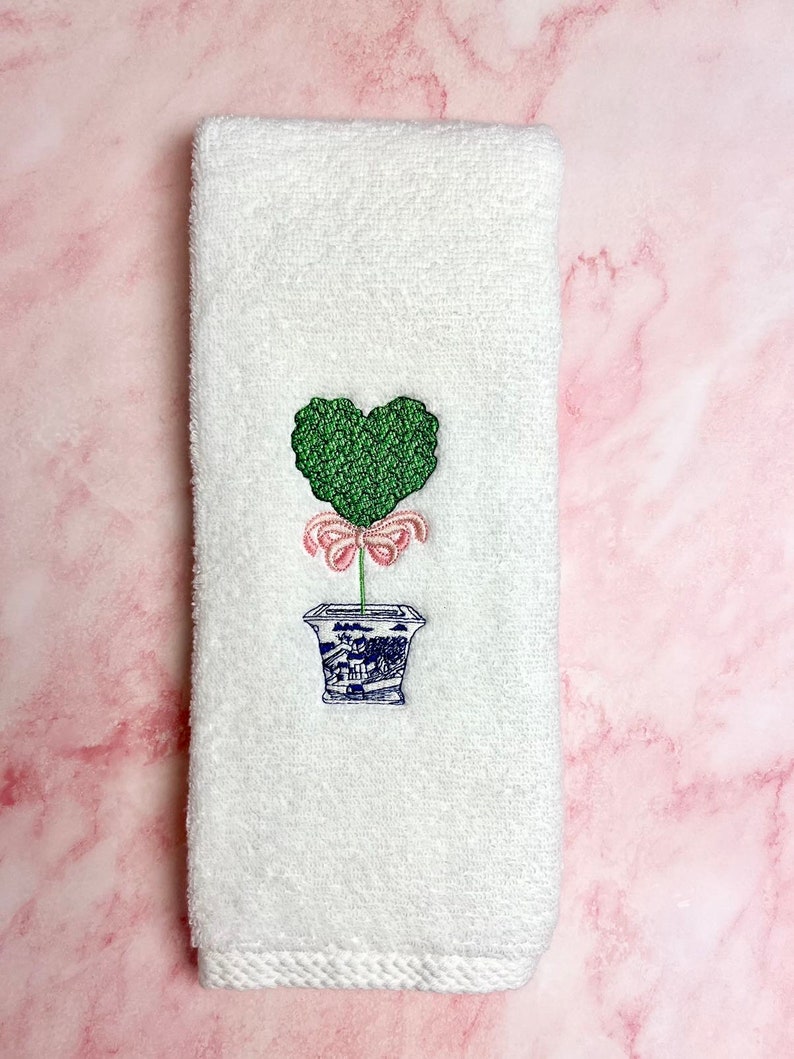 Chinoiserie Design, Topiary, Embroidered Bath Hand Towel, Blue and