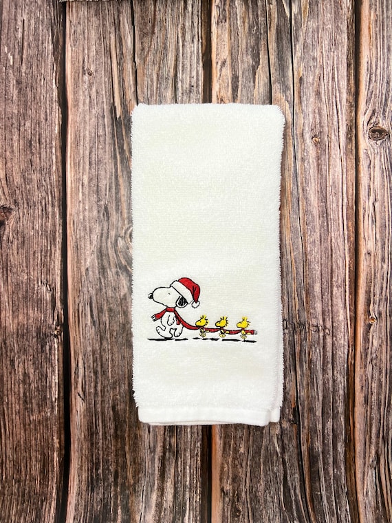 Embroidered Christmas Cartoon Dog bath hand Towel, Embroidered Hand Towel, Christmas Snoopy Inspired Decor, Christmas embroidered Towel