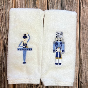 Chinoiserie Christmas Ballerina Nutcracker His and Her embroidered Bath hand towel, Blue and White Christmas,  Embroidered, His and Her