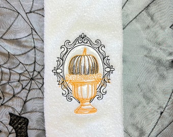 Toalha de mão de Halloween, Toalha de mão de abóbora, Toalha de Halloween bordada assustadora, Decoração de banheiro de Halloween, Decoração de banheiro preta e laranja nº 2